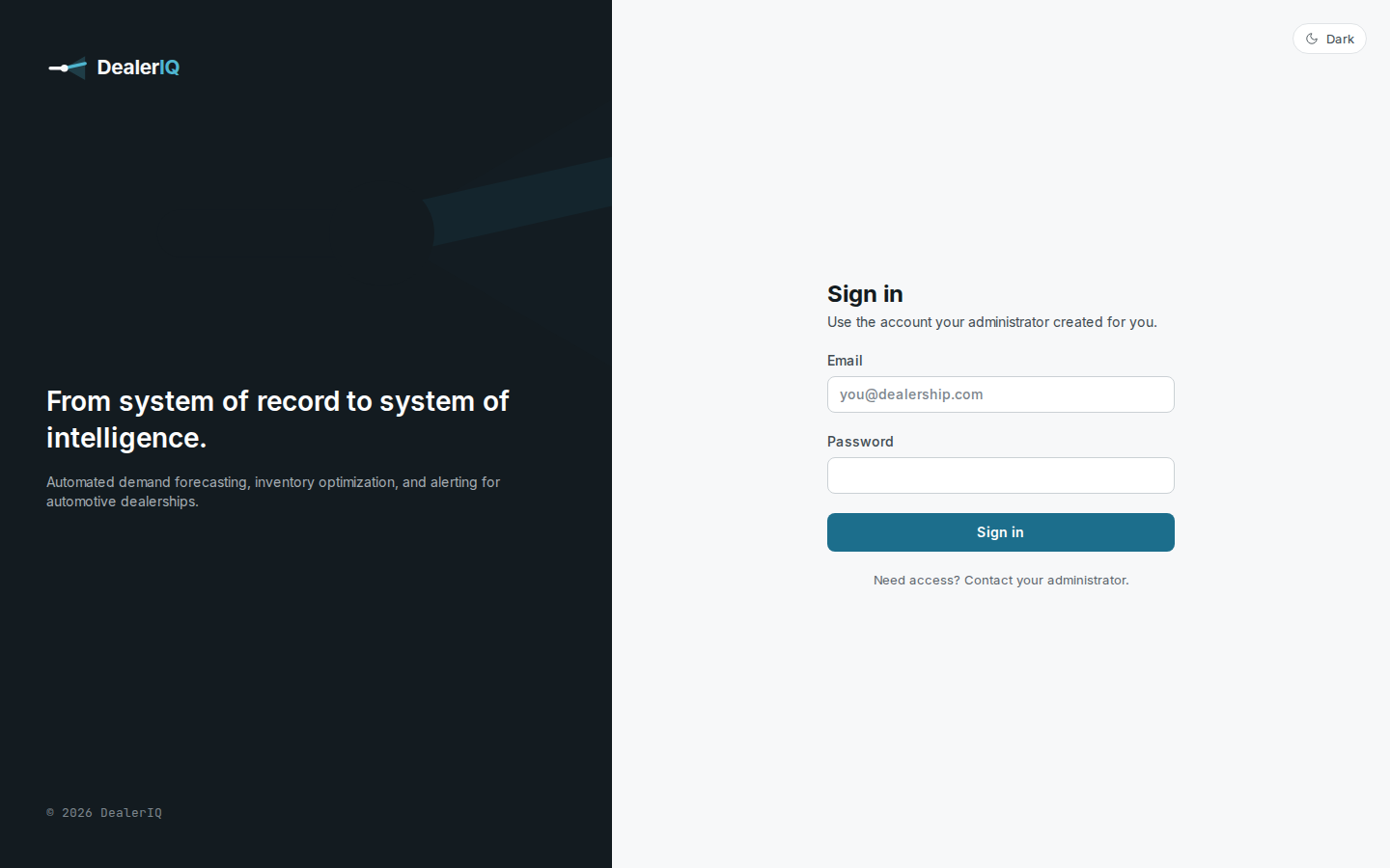 DealerIQ login screen on the live demo host.