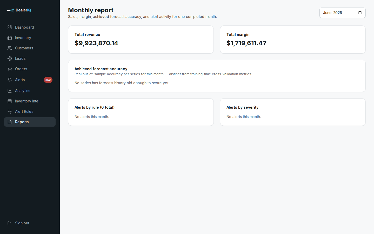Monthly report for June 2026 showing total revenue, total margin, an achieved forecast accuracy panel and alert breakdowns by rule and severity.