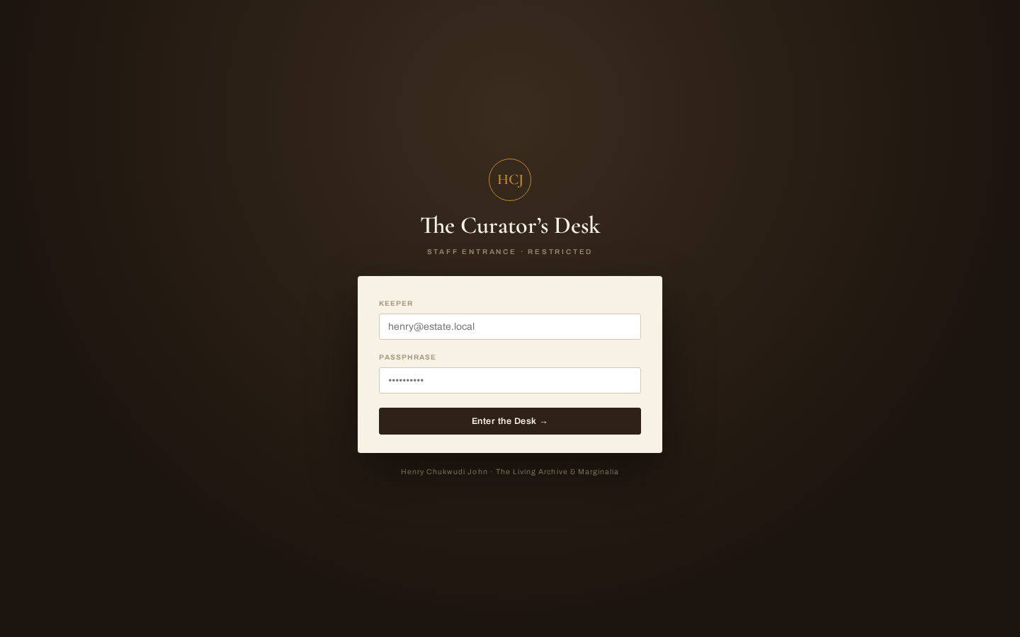 Control Center login screen for The Living Archive.