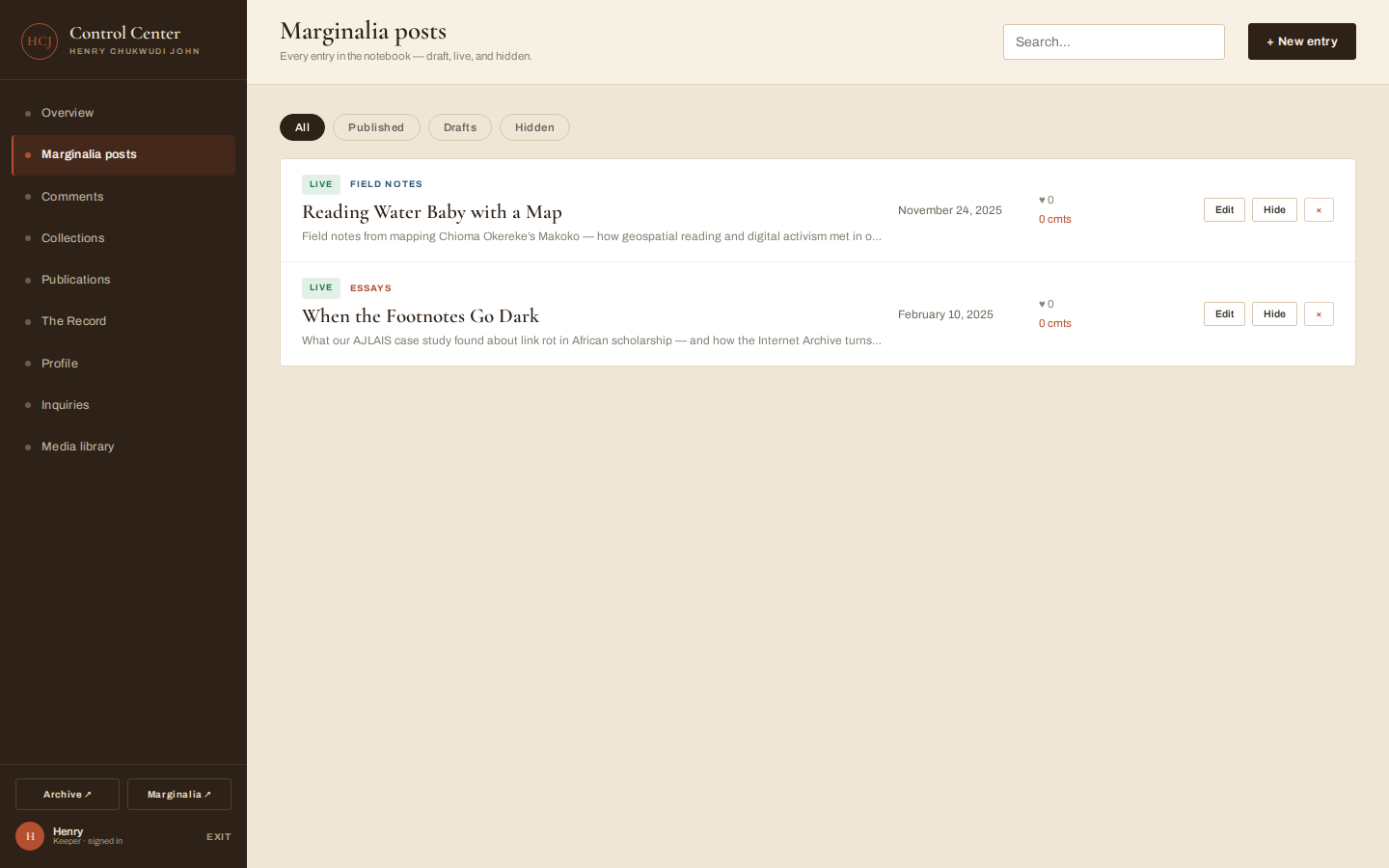 Marginalia posts list in the Control Center.