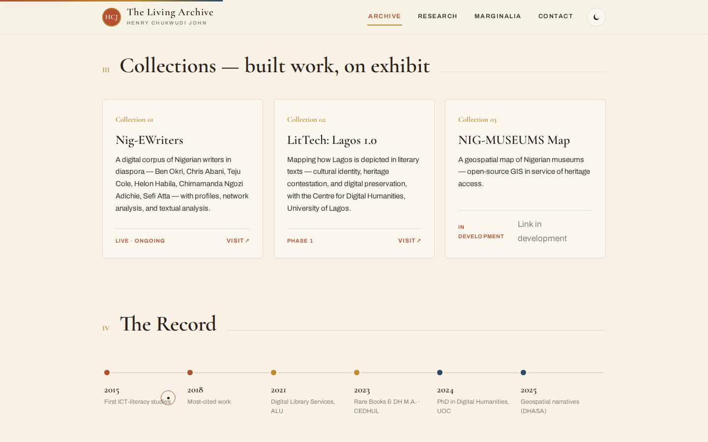 Collections cards for Nig-EWriters, LitTech Lagos, and NIG-MUSEUMS Map.
