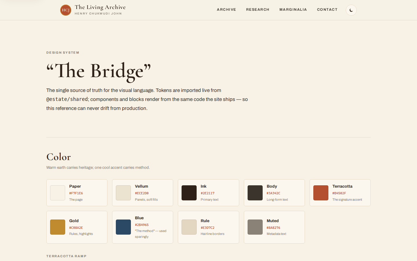 Living style guide page showing design tokens and components.