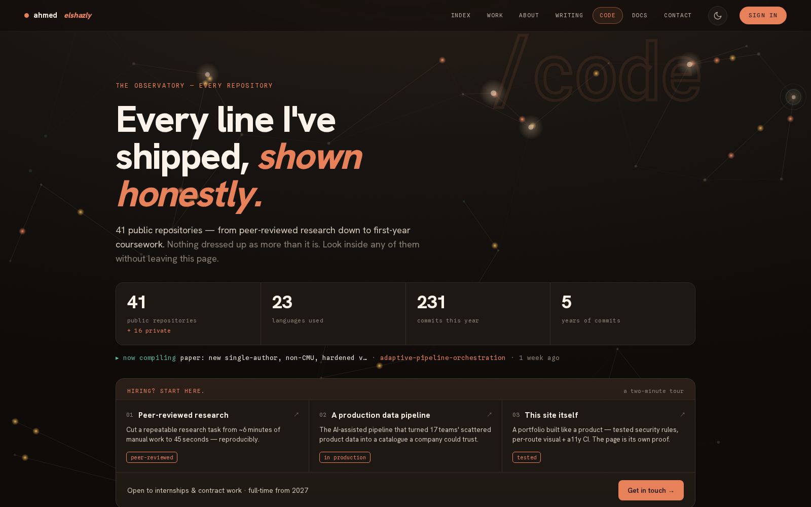 The Code Observatory at /code with counts for 41 public repositories, 23 languages, 231 commits this year, and three featured case studies.