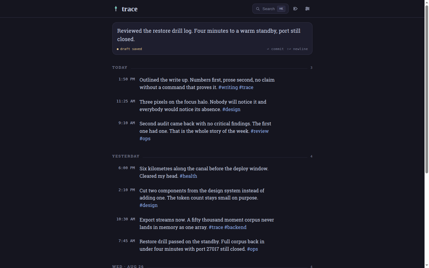 Trace capture field holding unsent text with the status reading draft saved.