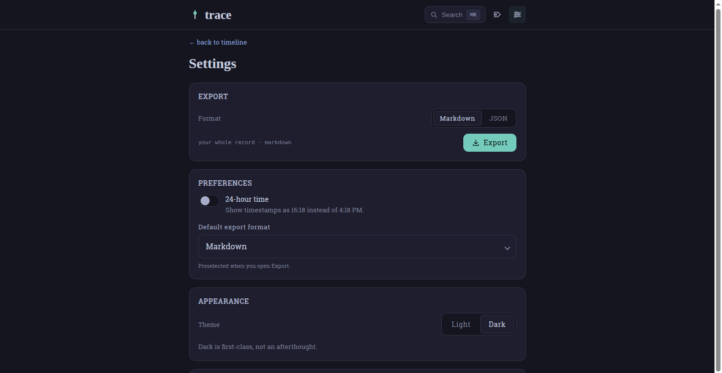 Trace settings showing export format, 24-hour time and theme controls.