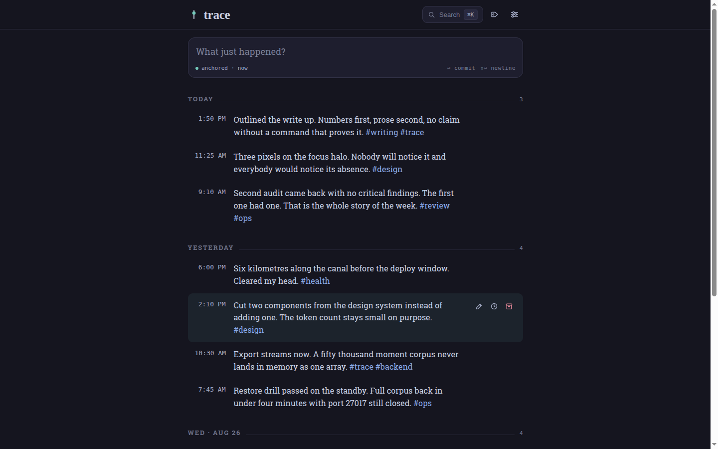 Trace timeline grouped into today, yesterday and Wednesday with tags highlighted inline.