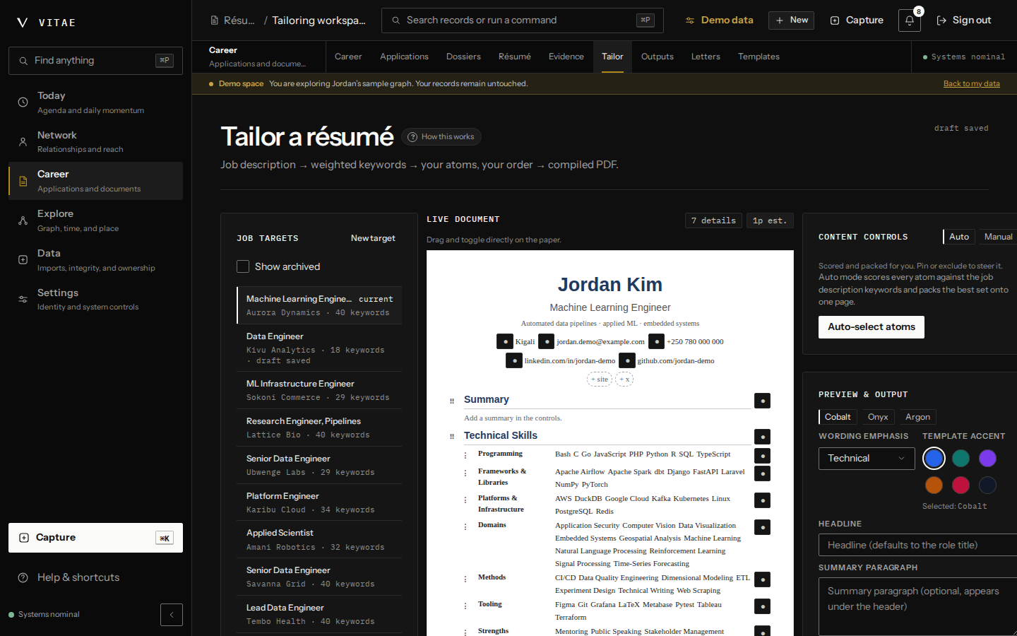 The résumé tailoring workspace: job targets listed at left, a live rendered résumé document in the centre, and content controls at right offering auto-selection, template choice and wording emphasis.